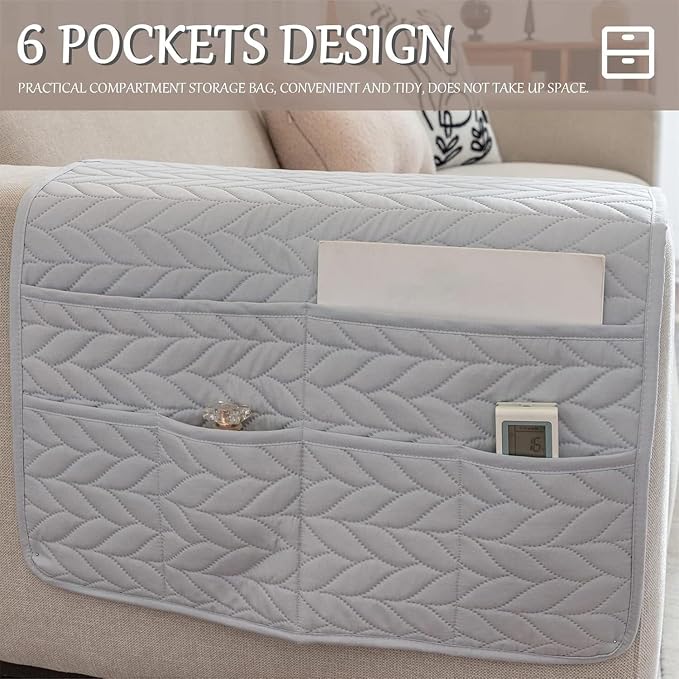 Sofa Armrest Organizer Waterproof Armchair Caddy for Couch Holder Recliner Non Slip with 6 Pockets Magazine Covers Chairs Sofas Arm Twist Pin Furniture Protector Slipcovers(Light Gray)