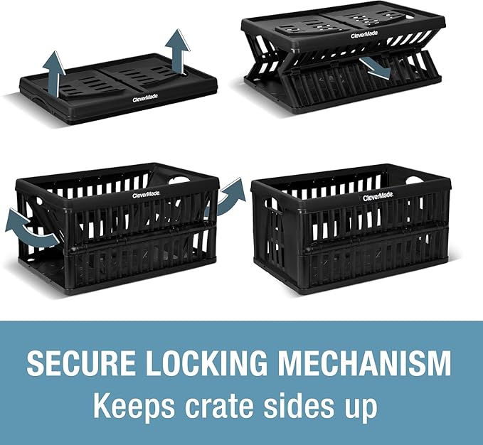 CleverMade Collapsible Utility Crates, 60L Storage Crate, 3 Pack, Obsidian | Haul Bigger Loads Without Sagging | Reinforced Base Bracing Holds 66 lb | 3-High Stacking and Fold-Flat Storage Save Space
