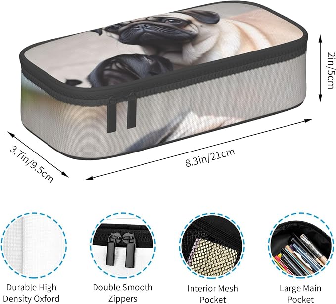 Cute Pet Pug Pencil Case Large Capacity Pencil Pouch With Zipper Portable Pen Bag Organizer Waterproof Cosmetic Makeup Bag For Women Men