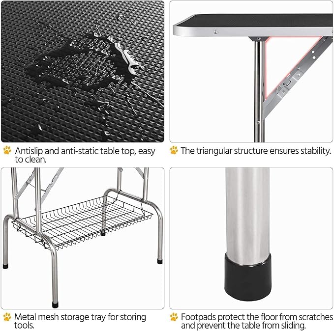 Pet Dog Grooming Table, Foldable Stainless Steel Pet Drying Grooming Table Up to 330lbs, Professional Bathing Desk for Dogs at Home with Adjustable Overhead Arms, Noose, Mesh Tray, 46''/Black