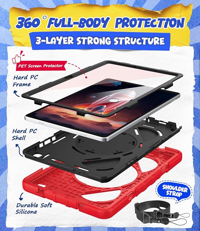 Grifobes Case for Samsung Galaxy Tab A11+ / A9+ Plus 11 inch 2026/2024, Full Protection with Screen Protector/Rotating Stand, Hand/Shoulder Strap for 11” Tablet Cover Red+Black