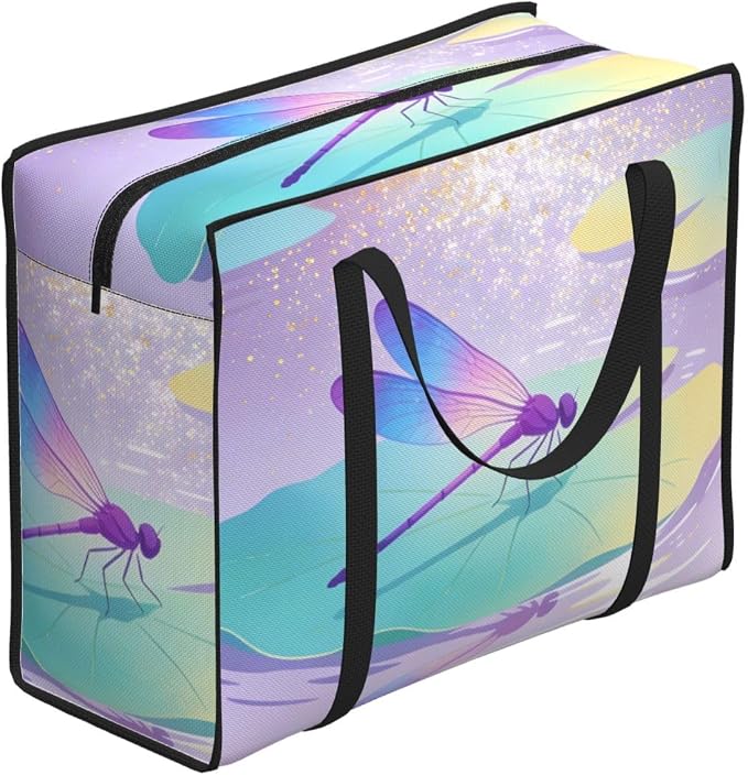Reusable Grocery Tote Bag Pastel Watercolor Dragonfly On Lily Pad, Extra Large Oxford Fabric Foldable Shopping Tote with Zipper for Grocery and Daily Use