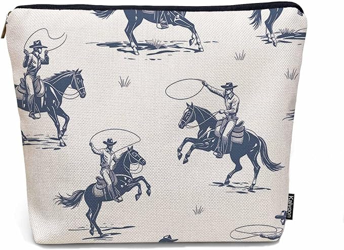 Women Cosmetic Bag Cowboy, American Western Cowboy Horse Riders Cute Makeup Bag For Purse Cosmetic Travel Bag For Toiletries Makeup Storage Bag Flax Skincare Bag Make Up Pouch Bags