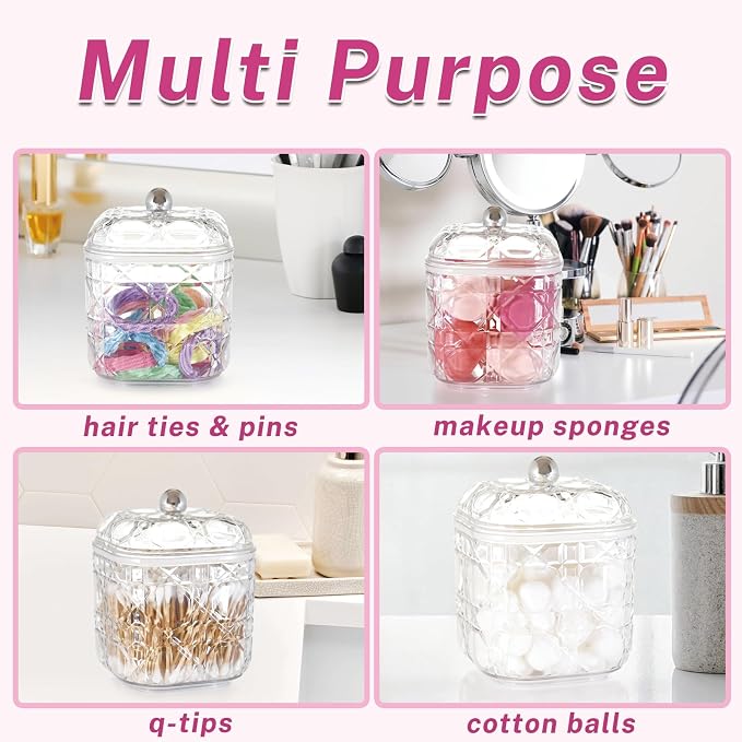 2-Pack Scrunchies Holder, 30oz Q-tip Holder, Plastic Bathroom Canisters, Elegant Vanity Storage Containers for Hair Accessories & Beauty Supplies