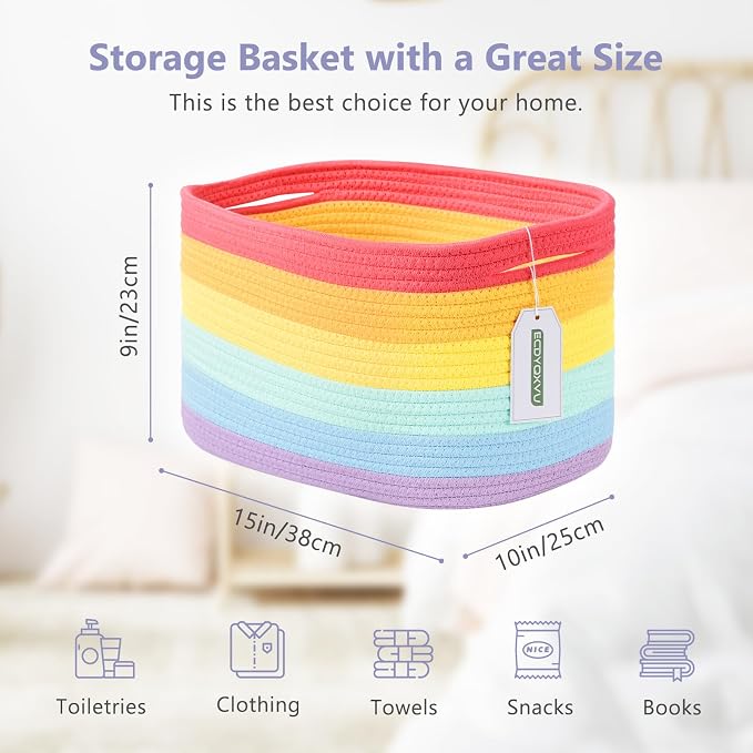 ECDYQXVU 15x10x9 Inch Woven Cotton Rope Storage Basket, 2 Pack | Foldable Design, Built-in Handles, Space-saving Organizer for Living Room, Bedroom, Laundry, Shelves, Clothes, Towels