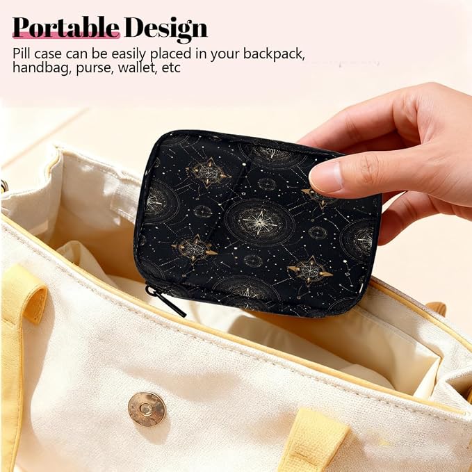 Travel Pill Organizer Black Gold Astrology Compass Small Pill Case