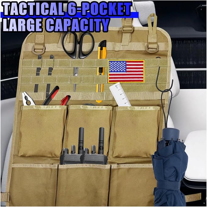 Tactical Molle Panel Car Seat Back Organizer, Waterproof Car Front Seat Protector with Multiple Pockets, Universal Kick Mat for Kids/Pets, Vehicle Backseat Storage Bag for Most Cars (Khaki)