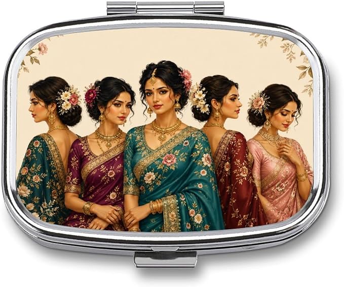 Elegant South Asian Women in Traditional Attire Two Compartment Pill Box Medicine Organizer, Portable Pill Case with Secure Snap Closure for Vitamins Medication Supplements Daily Use