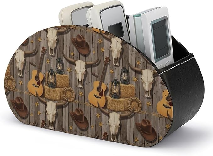 TV Remote Control Holder Cowboy Skull Cactus 5 Compartment Table Organizer | PU Leather Desktop Caddy Box, Western Skull Cowboy Cow Hat Boots Guitar Cactus, for Media Player, Stationery Accessories