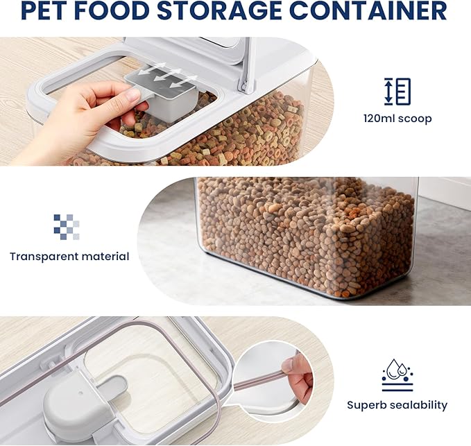 LEAWALK 6 Lbs Airtight Dog Cat Food Storage Container and Dog Treat Containers BPA-Free, PET Clear Stackable Pet Storage Bin, 1-Cup Scoop, 1-Sponge cleaning brush, Pop Top, With handle, Easy Mobility