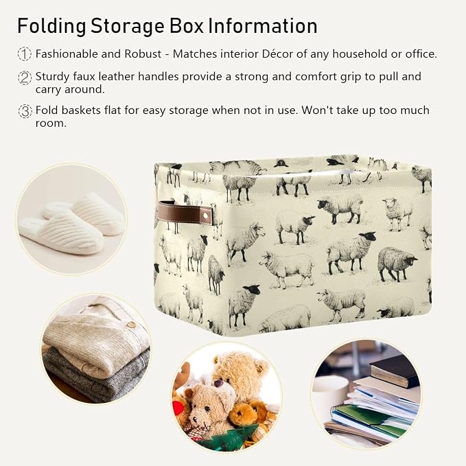 Kigai Cute Sheep Storage Basket with Handles Waterproof Collapsible Storage Bin Canvas Fabric Basket Decorative Box Closet Organizer for Nursery Bedroom Office