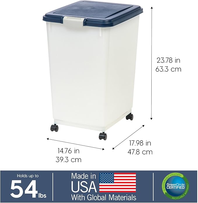 IRIS USA Dog Food Storage Container, Up to 54 lbs, Navy/Pearl, Made in USA | Wheels for Mobility, Airtight Seal, BPA-Free, Best for Bird Seed, Cat food, Cat Litter, Chicken Feed, Pellets