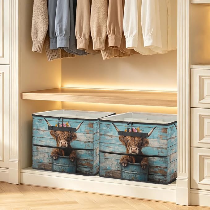 TropicalLife Highland Rustic Cow Shoe Organizer for Closet | Farmhouse Farm Animals Foldable Shoe Storage Organizer Box Bin with Adjustable Dividers & Clear Cover, Fits up to 16-32 Pairs