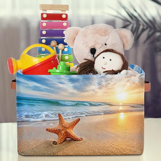 Pardick Beach Basket Storage Bins Rectangle Canvas Basket Cube Storage Box | Nursery Foldable Basket with Handle for Kids Girls Boys Toys Living Room Closet Organizer Shelf Gifts Starfish Nautical