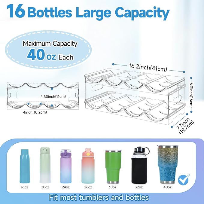 Amaoot Large Compartment Stackable Water Bottle Organizer for Cabinet | 4 Tier Clear Water Bottle Storage Rack,Tumbler Storage Organizer for Kitchen,Fridge,Cabinet Organization and Storage