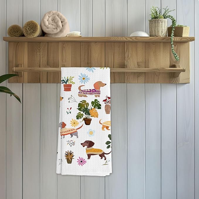 Dachshund Kitchen Towels, Boho Botanical Weiner Dog Dish Tea Towels, Weiner Dog Dachshund Gifts for Women, Dachshund Hand Towels for Kids Bathroom Kitchen Decor, 16x24 Inch