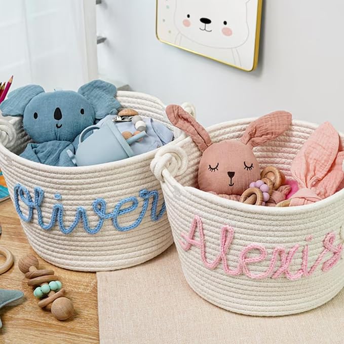 Personalized Cute Small Woven Basket with Handles, Custom Cotton Rope Room Shelf Storage Basket, Empty Decorative Gift Basket, Decorative Round Bin for Nursery Bedroom Bathroom (Style E)