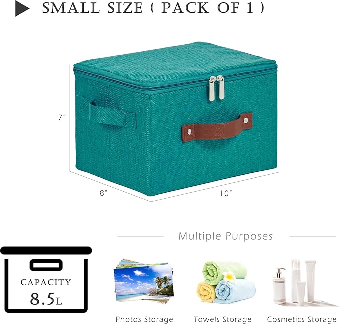 Storage Bins with Zipper Lids Decorative Lidded Baskets Boxes | Clothes Container, Closet Shelf Organizer, Foldable Washable, Cotton Linen Fabric, w/ PU Leather Handles, Teal Blue, Small