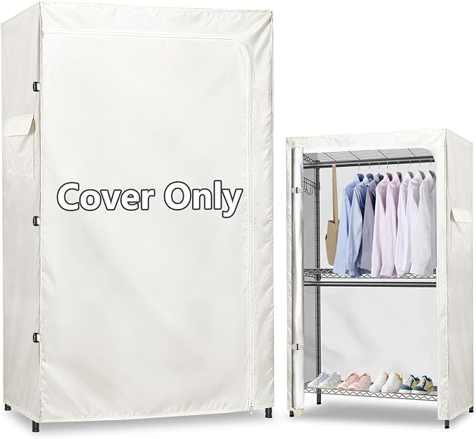 Rileytee Garment Rack Cover,600D Heavy Duty Waterproof Clothing Rack Cover,Clothes Rack Cover with Zipper for Metal Garment Rack(White,46"W x 18"D x 80"H,Cover Only）