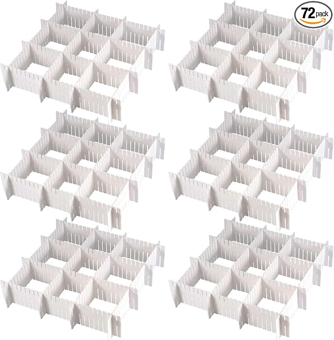 MUKCHAP 72-Piece DIY Grid Drawer Organizer, 12.6 Inch Adjustable Drawer Dividers for Sock, Underwear, Scarf, White