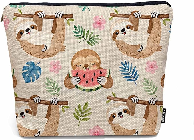 Sloth Makeup Bag For Women, Adorable Cosmetic Bag Makeup Bags, Cute Sloth Animal Sloths On Flower Tree Zipper Bag Travel Bags Toiletry Organizers Pouch Bags Washing Bags For Gym Bathroom