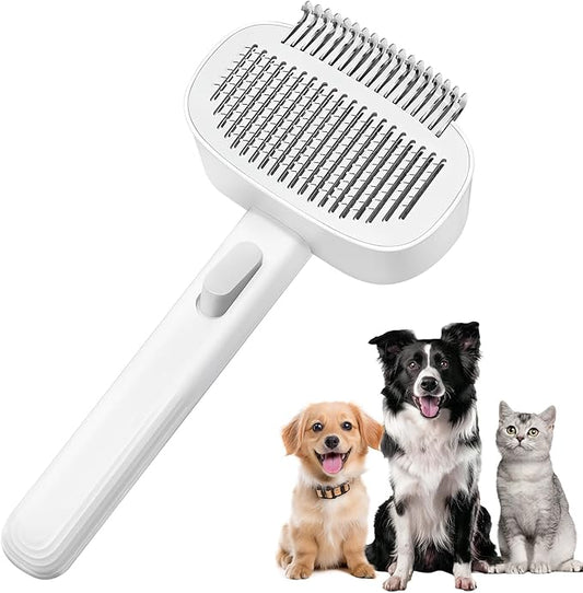 Self Cleaning Slicker Brush for Dogs Cats, Deshedding Dematting Grooming Tool for Long Haired Pets, Removes Matted Fur & Tangles, White