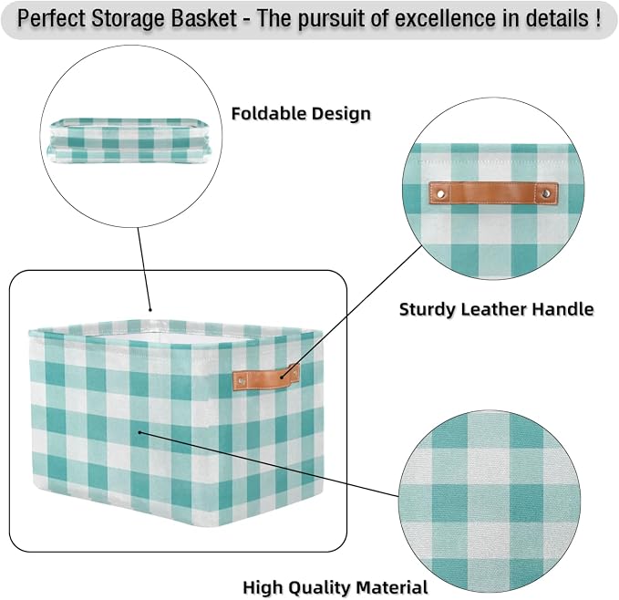 Teal Gingham Storage Boxes Theme Storage Nursery Baskets with Handle Closet Collapsible Organizer Shelf Bins for Book Cloth 15X11X9.5 IN