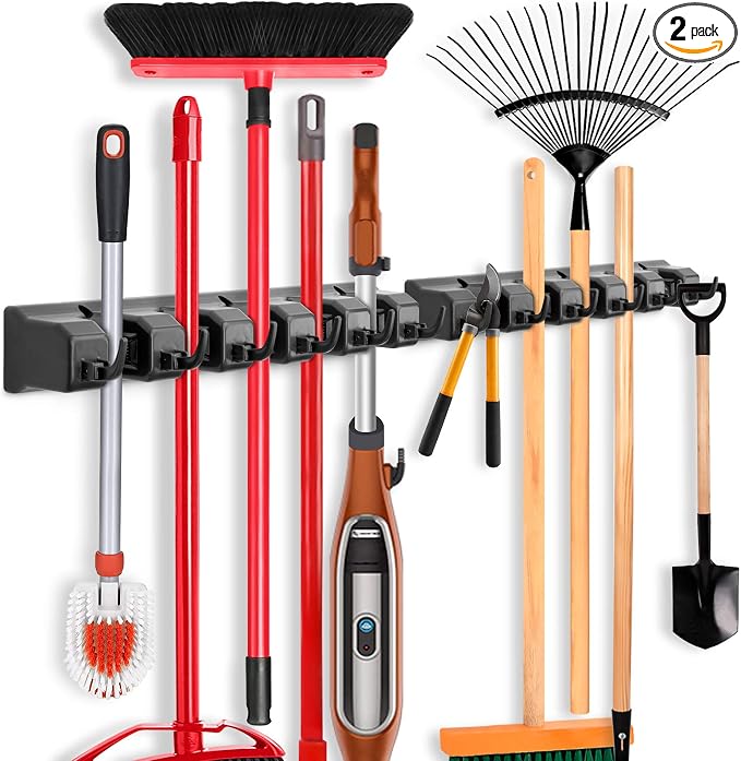 IMILLET 2 Pack Mop and Broom Holder, Wall Mount Organizer Storage Tool Rack | Broom and Mop Organizer Wall Hanging for Garage, Laundry Room, Garden, Utility, 5 Ball Slots and 6 Hooks(Black)