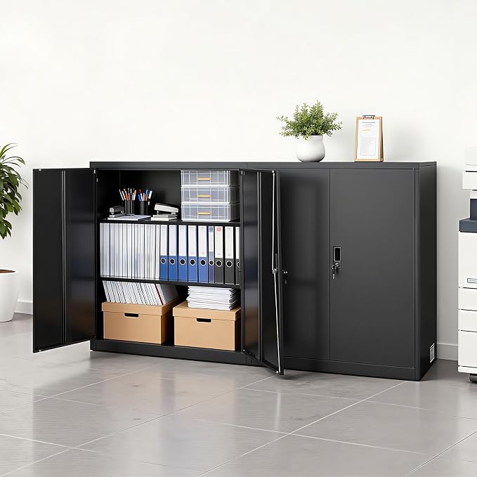 VEVOR Metal Storage Cabinet, 41.7 in Steel Garage Cabinet with 2 Adjustable Shelves, 2 Magnetic Doors & 2 Keys, 3 Tiers Lockable Tool Storage for Pantry, Warehouse, Basement, Office, Black