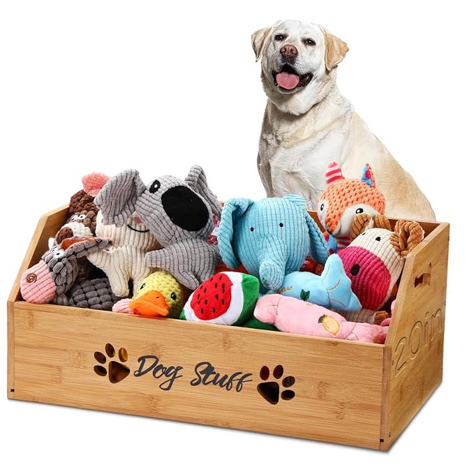 Leinuosen Large Dog Toy Bin Basket, 20 Inch Large Stuff Toy Storage Basket Bin with Bone Handle Cutout Pattern Bamboo Container for Organizing and Storage Dog Leash Chew Toys(Natural, Undivided)