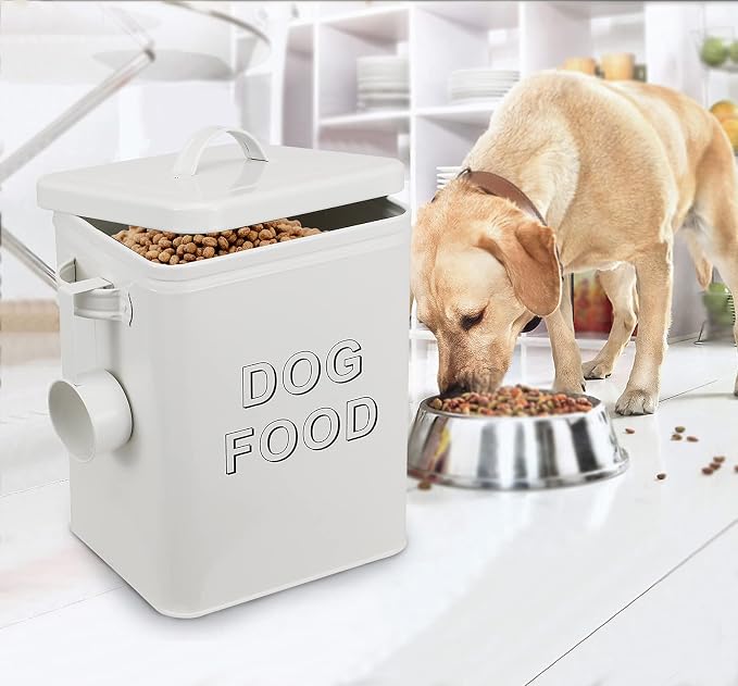 Pethiy airtight Dog Treat container bin and DOG Food Storage Tin with Lid With Handle |4-5 lbs Capacity | Serving Scoop Included -White