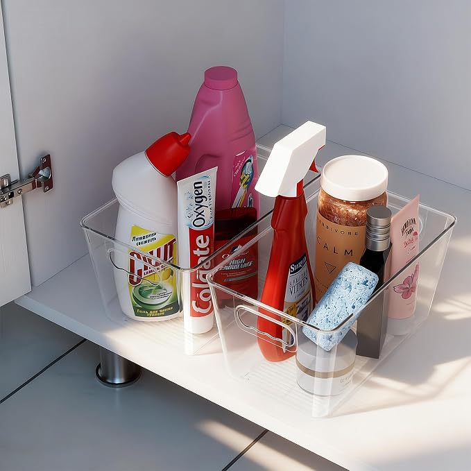 Clear Fridge Organizer Bins with Handles, 4 Pack Medium 10×6×5 Inch | Clear storage bins with handles, food organizer basket for kitchen, fridge, freezer and bedrooms