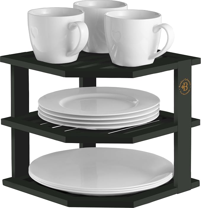 Black Plate Organizer for Cabinet - 3 Tier Bamboo Corner Cabinet Organizer Shelf for Plates Bowls Mugs Cups, Kitchen Cabinet Organizer, Cabinet Shelf Organizer, Countertop Rack, 10 x 10 x 9.5 Inch