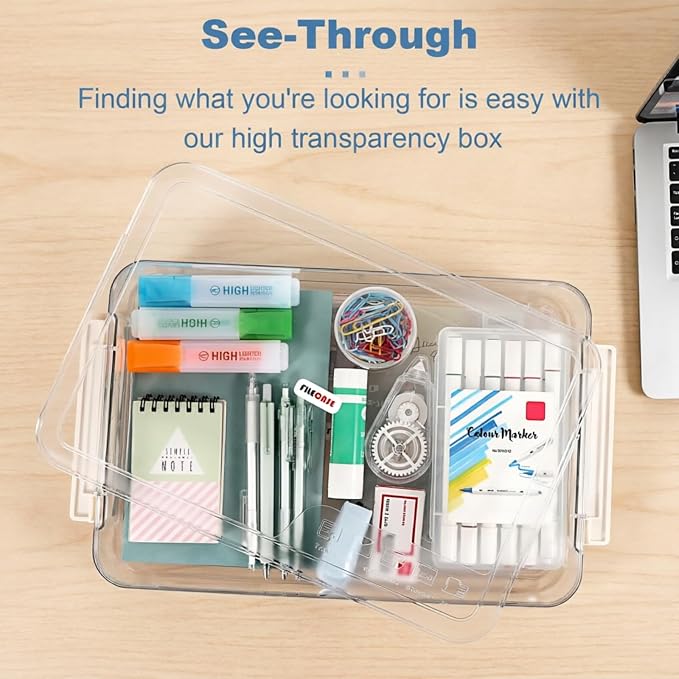 BTSKY 1 Pack Plastic Storage Containers with Lids, Portable Project Case Document Organizer Stackable Plastic File Storage Box for A4 File Paper Documents Scrapbook Art Supplies&Crafts(Big, White)