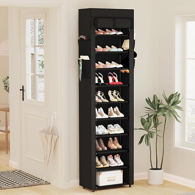 Shoe Rack with Cover, 10 Tier Tall Shoe Organizer for 18-22 Pairs of Shoes | Shoe Organizer with 4 Side Pockets, Shoe Cabinet for Entryway, Closet