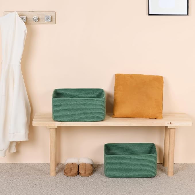 MiniArk Large Storage Baskets for Shelves, 17 x 13 x 7.5” Closet Organizers Bins for Clothes Blanket Towels, Baby Nursery, Toy Baskets Box, Woven Rope Baskets, 2 Packs Green