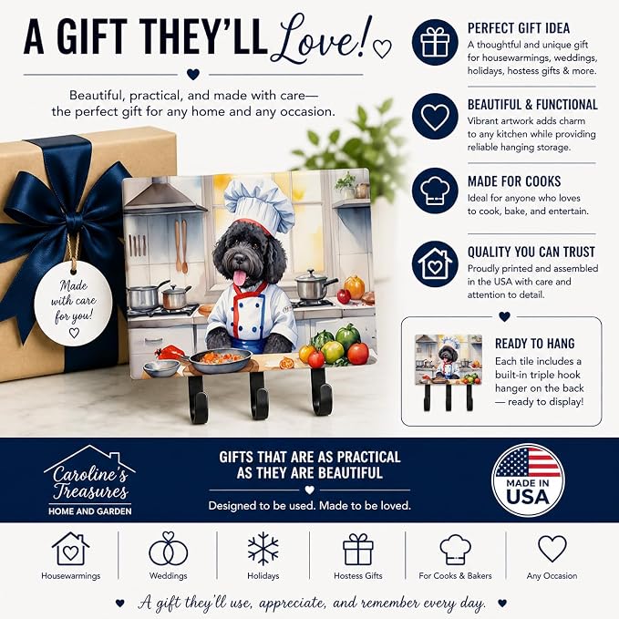 Caroline's Treasures Portuguese Water Dog The Chef Leash or Key Holder Wall Hooks, Key Hooks Holder, Coat Rack Wall Mount, Coat Hooks, Hooks for Hanging Keys, Towels, Aprons, Leashes | Portuguese Water Dog The Chef artwork on ceramic tile with three st...