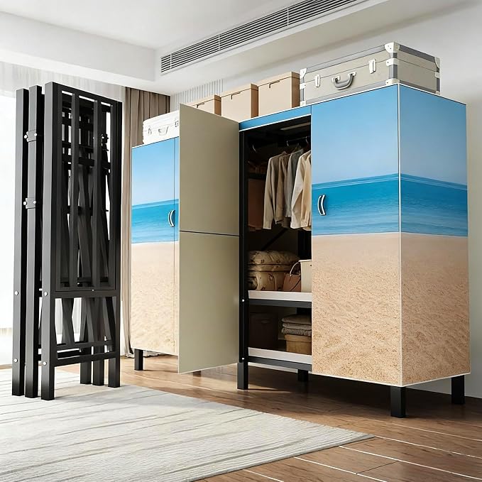 Heavy Duty Clothes Rack with Cover & Magnetic Doors, 1500lb Portable Wardrobe Closet - Foldable Garment Rack for Bedroom, Large Storage for Hanginng Dresses Jackets (Beach Blue, 49.2IN)