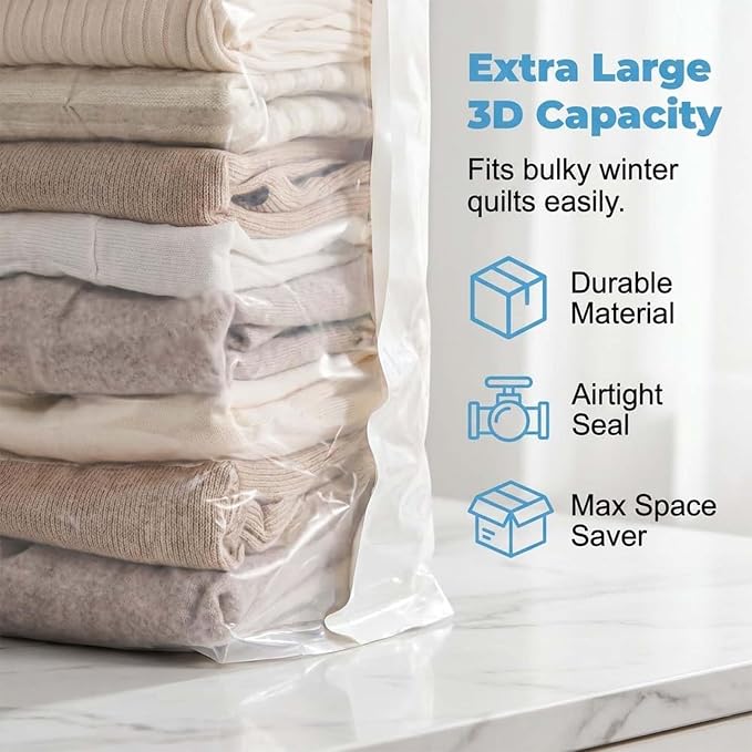 Vacuum Storage Bags No Pump Compression Space Saver 3D | Large Capacity Clothes Bedding Organizer Reusable Storage Bags Closet Wardrobe Travel Packing Moving Home Organization