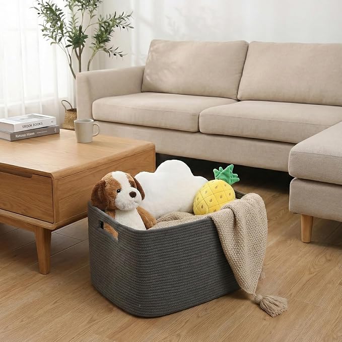 JMvicyroam 65L Large Woven Cotton Rope Blanket Basket, Grey | Blanket storage for living room or bedroom use, Freestanding with reinforced handles, Entire basket is machine washable
