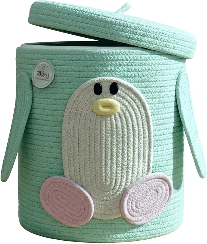 Storage Basket with Lid, Collapsible Woven Cotton Rope Basket, Penguin Design, Foldable Bin with Cutout Handles, Washable Organizer for Laundry, Blankets, Clothes, Books, & Home Organization (Penguin)