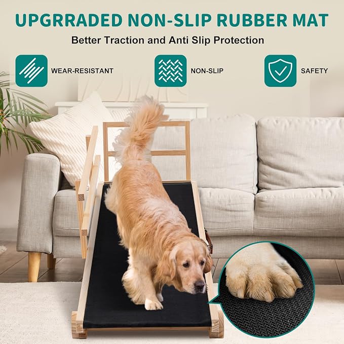 Dog Ramp for Bed & Couch, Foldable Wooden Pet Ramp, 5 Adjustable Heights | Height up to 23.5", Portable Dog Ramp with Non-Slip Rubber Surface & Safety Railings, Pet Ramp for Small, Large, Senior Dogs