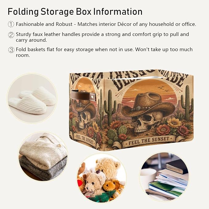 Kigai Storage Basket, Fabric Collapsible Closet Organizer Bin | Western Print Waterproof Foldable Canvas Basket with Handles for Shelves, Nursery, Closet, Bedroom & Bathroom