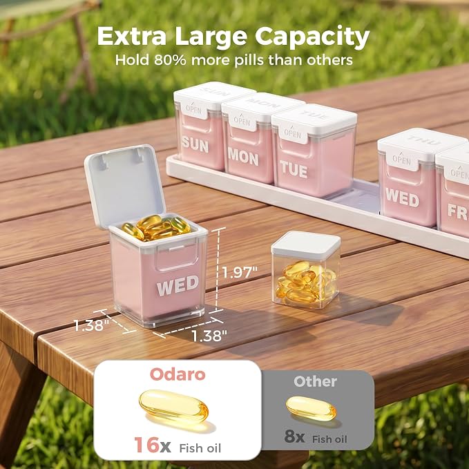 ODARO Extra Large Weekly Pill Organizer Once A Day - Pink | Large Capacity, Big Font, Wide Opening Easy For Seniors, Detachable Portable, Spill Proof, BPA Free