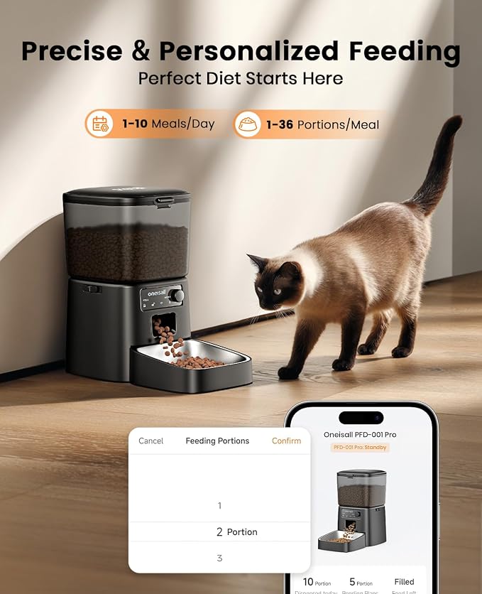 oneisall 2.4 GHz Wi-Fi Automatic Cat Feeder, 3.5L/15 Cups | Timed Meals, Feed Now, Feeding Logs, Slow Feed, Precise Portion, Dual Power Backup, Family Share, Stainless Steel Bowl