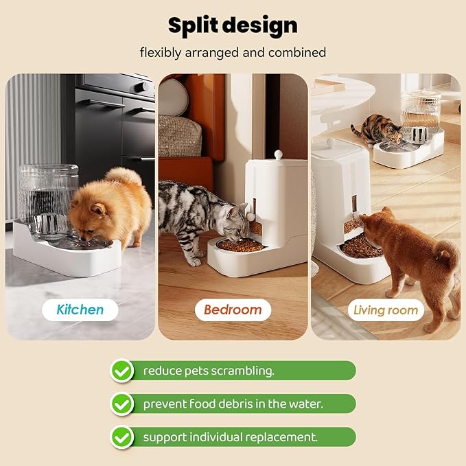 JUNSPOW Automatic Cat Feeder Dog Water Bowl Dispenser Set with Stainless Steel Bowl, Adjustable Food Dispensing & Keep Food Dry, Auto Pet Feeder and Waterer for Cats and Dogs