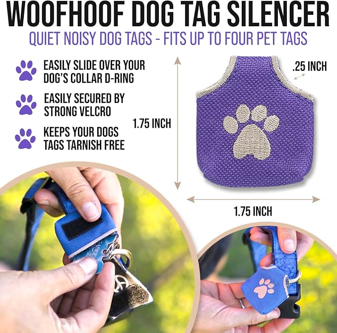Woofhoof Dog Tag Silencer, Purple Pawprint - Quiet Noisy Pet Tags - Fits Up to Four Pet IDs - Dog Tag Cover Protects Metal Pet IDs, Made of Durable Nylon, Universal Fit, Machine Washable