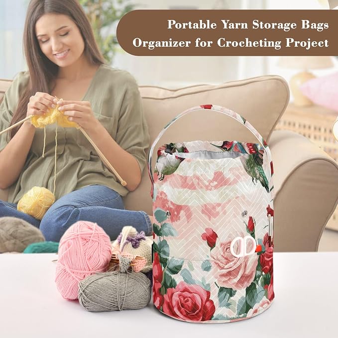 Tatenale Crochet Bag Yarn Bag Knitting Project Bag with Pockets and Handle Portable Yarn Storage Organizer Tangle Free 8.3x11 InchPatriotic Red Roses and Hummingbirds38