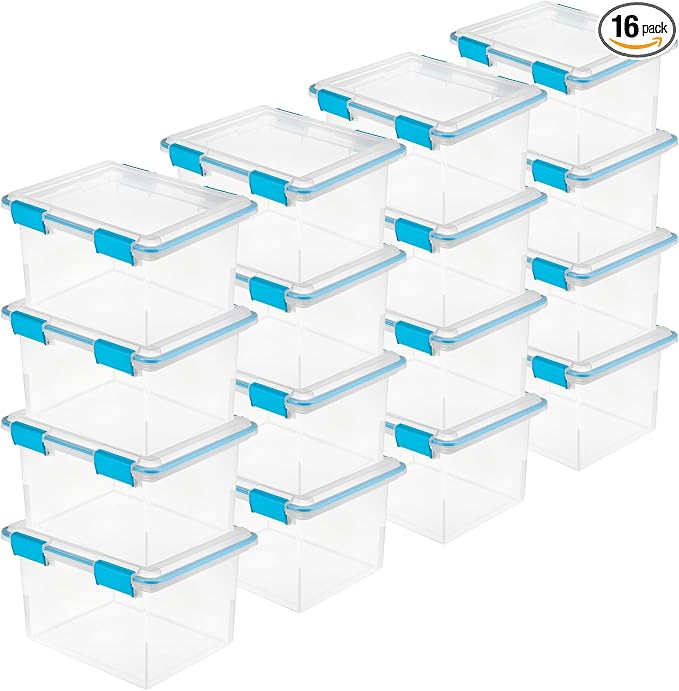 Sterilite Gasket Storage Box with Lids for Home & Office, 32 Quart, 16-Pack | Heavy-Duty, Stackable, and Organizing Containers for Bathroom, Cabinet, Closet, and Garage, Clear and Blue Aquarium Latches