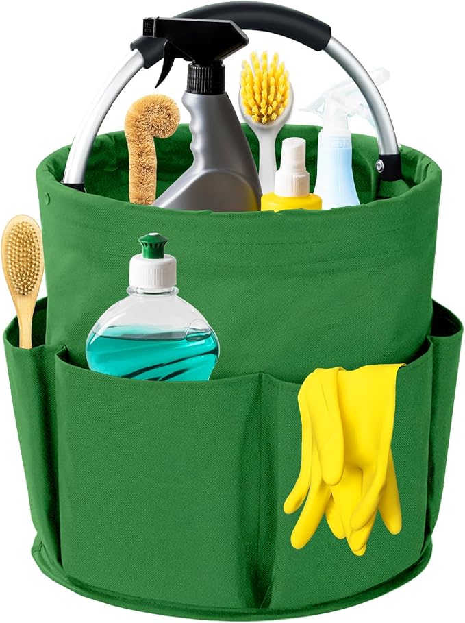 Cleaning Caddy with Handle, 17L Foldable Cleaning Supplies Organizer, Portable Storage Basket, Cleaning Supply Caddy, Multifunctional Cleaning Bucket Bag for Garden, Home, Kitchen (Green)
